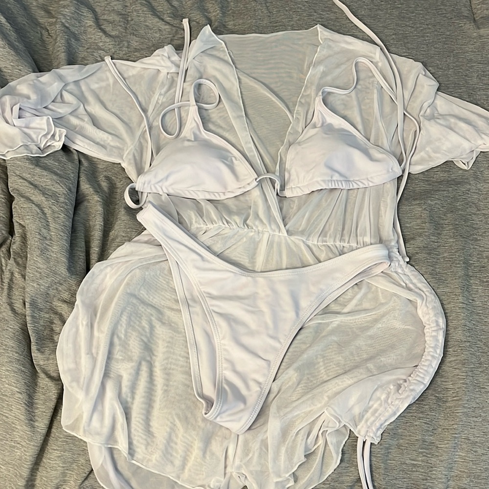 SET. White Bikini with sheer white romper coverup size small